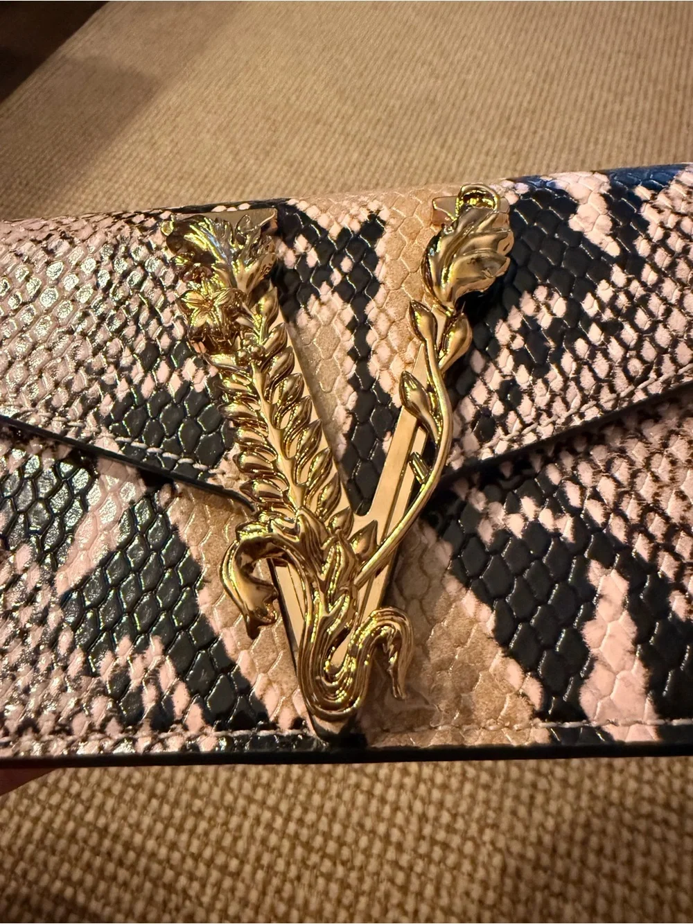 Versace mini Pink and Black Python-Print Leather “V” Vurtis bag